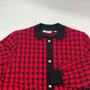 Alfred Dunner Petite Red Houndstooth Knit Collared Cardigan Sweater USA Twee 90s